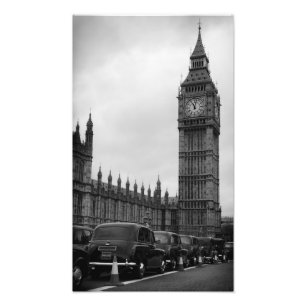 Big Ben en taxichauffeur in zwart-wit gedrukt Foto Afdruk