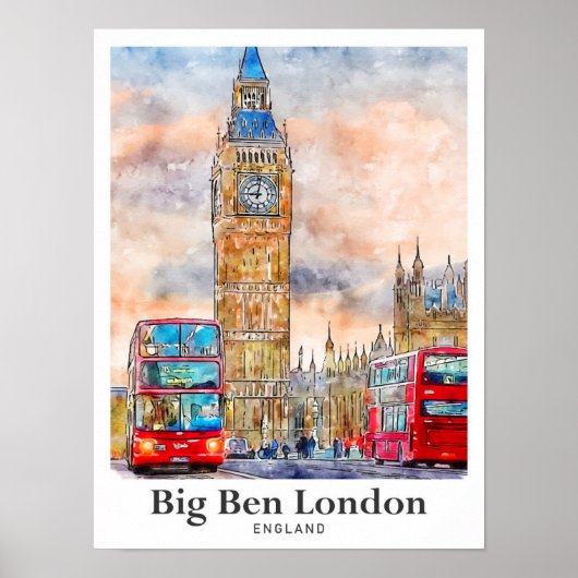 Big Ben Londen Waterverf Sketch Hand getekend Poster (Voorkant)