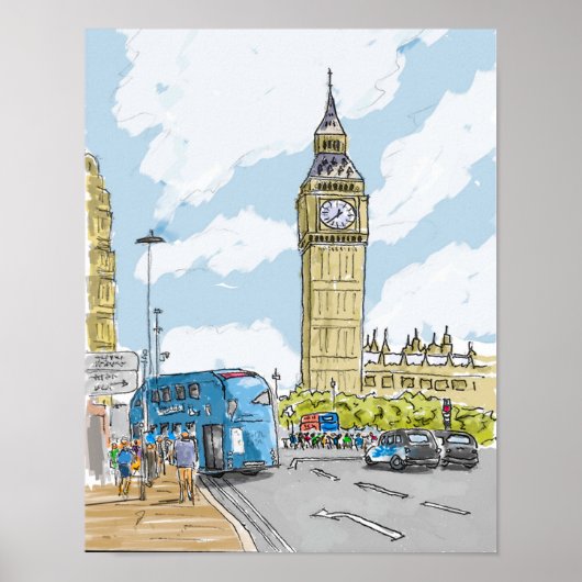 Big Ben London Waterverf Poster (Voorkant)