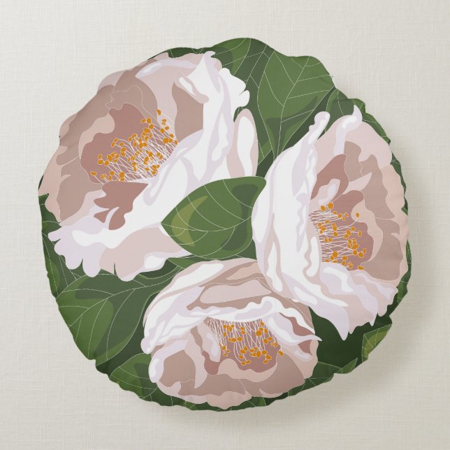 Big Bloom Camellia Charm Rond Kussen (Achterkant)