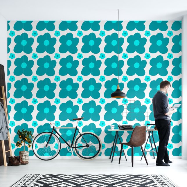 Big Blue Flowers Simple Pattern Behang (Woonkamer)