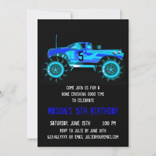 Big Blue Monster Truck Invitations de fête d'anniv (Devant)