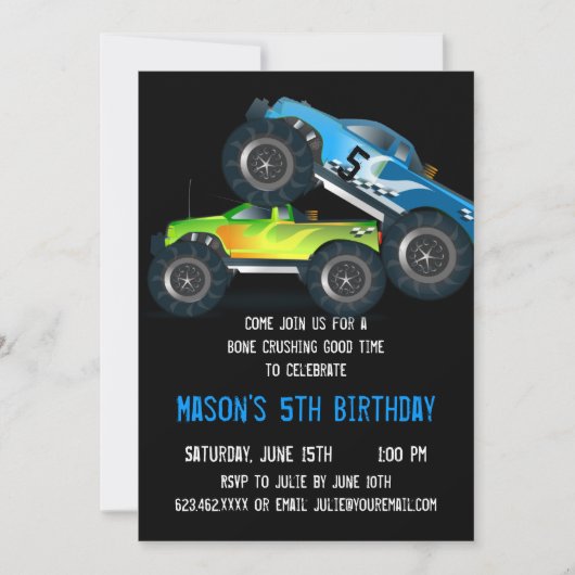 Big Blue Monster Truck Invitations de fête d'anniv (Devant)