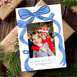 Big Bold Bright Blue Bow Christmas Photo Feestdagenkaart