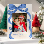 Big Bold Bright Blue Bow Christmas Photo Feestdagenkaart