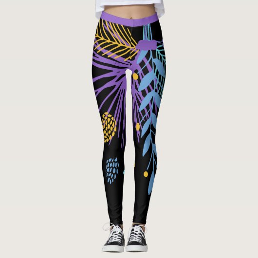 Big Bold Paars Blue Yellow Botanische Leggings (Voorkant)