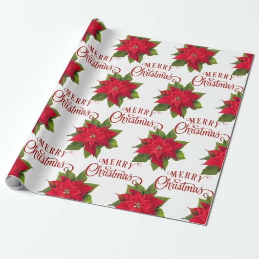 Big Bold Poinsettia Red Merry White met kerstmis Cadeaupapier (Uitgerold)