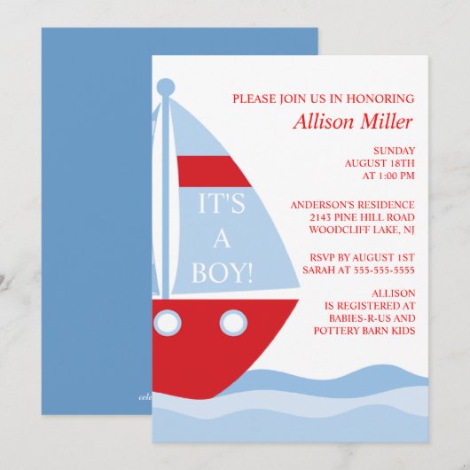 BIg & Bold SAILBOAT Boy Baby shower INVITATION (Devant / Derrière)