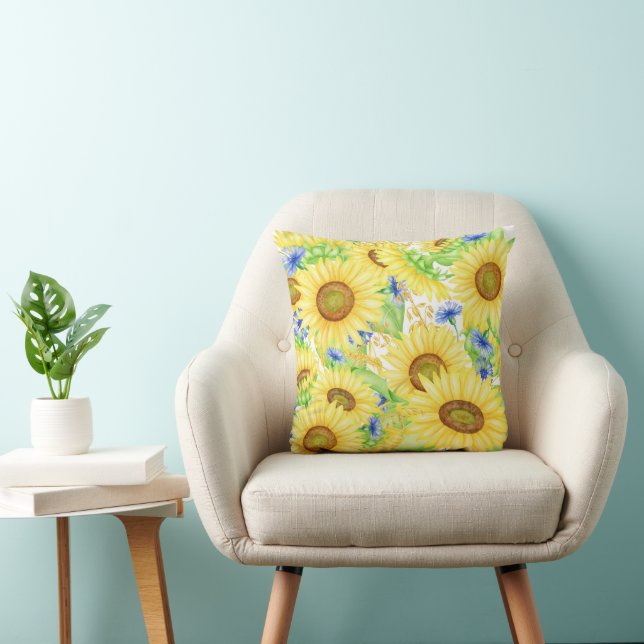 Big Bold Yellow Sunflower met blauw Kussen (Stoel)
