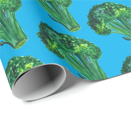 Big broccoli op blauwe cadeauomslag waterverf cadeaupapier (Rol Hoek)