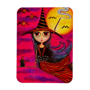 Big Eye Halloween Witch Girl in Stripes Black Cat Magneet