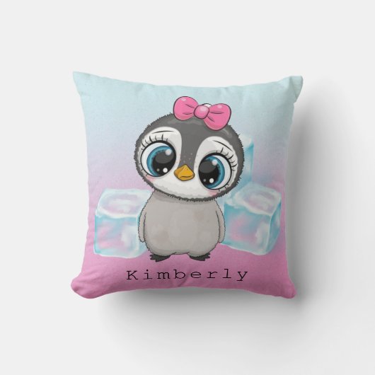 Big Eye Penguin met Roze Bow Custom Kussen (Voorkant)