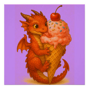 Big Eyed baby Fire Dragon Ice Cream Fantasy Art Perfect Poster