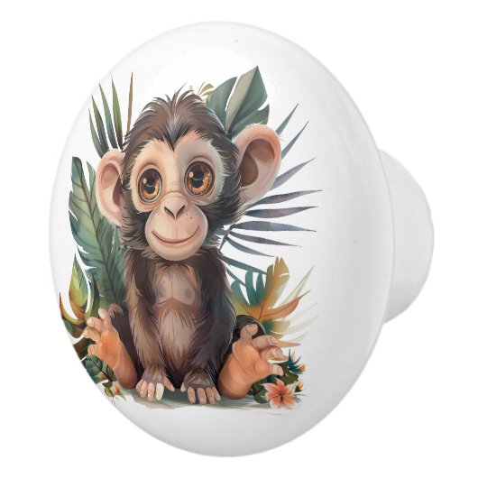 Big Eyed Brown Monkey in Oerwoud Bladeren Keramische Knop (Rechts)