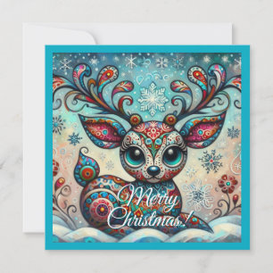 Big Eyed Christmas Reindeer Folk Art Gepersonalise Feestdagenkaart
