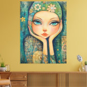 BIG EYED GIRL WHIMSICAL CANVAS KUNSTDRUK AFDRUK (Insitu (Woonkamer))