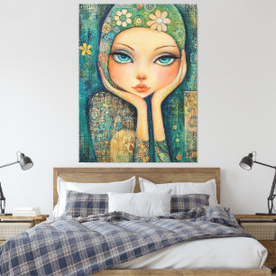 BIG EYED GIRL WHIMSICAL CANVAS KUNSTDRUK AFDRUK