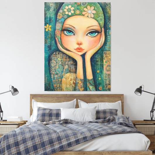 BIG EYED GIRL WHIMSICAL CANVAS KUNSTDRUK AFDRUK (Insitu (Slaapkamer))