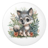 Big Eyed Grey Wolf Pup Keramische Knop (Voorkant)