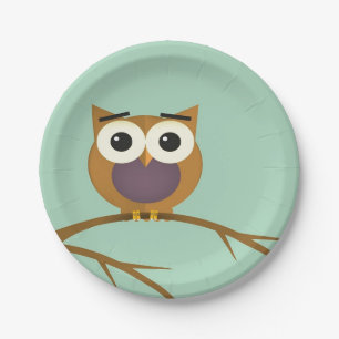 Big Eyed Owl on Branch met Full Moon Papieren Bordje