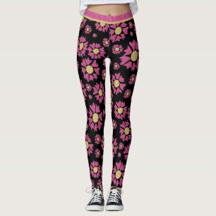 Big Gold Pink Glitter Girly Daisy Flowers op zwart Leggings