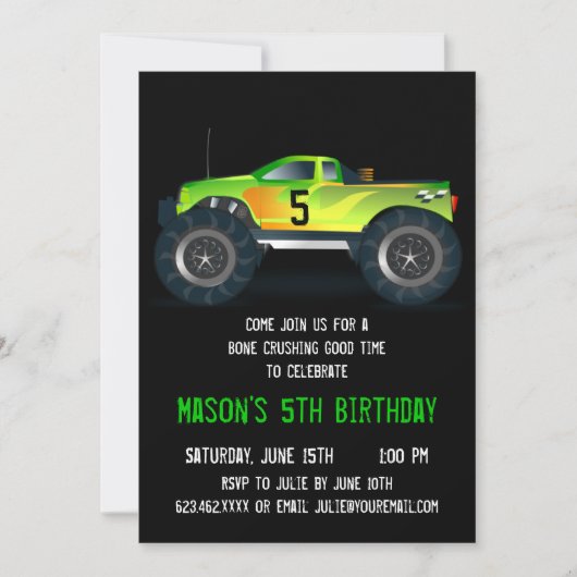 Big Green Monster Truck Invitations de fête d'anni (Devant)