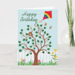 Big Kite and Friends - Carte d'anniversaire<br><div class="desc">Cette carte d'anniversaire est ornée d'un grand arbre,  de petites fleurs et de petites créatures avec un gros cerf-volant dans le ciel au-dessus d'eux. Vous pouvez personnaliser le texte avec votre propre message.</div>