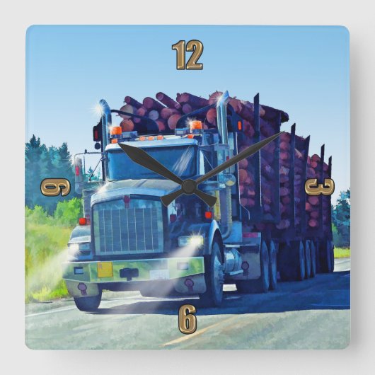 Big Logging Truck Drivers Wall Clock Vierkante Klok (Voorkant)