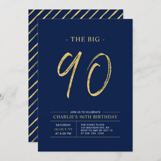 Big Ninety | Goud & Navy Blue 90ste verjaardagsfee Kaart (Voorkant / Achterkant)