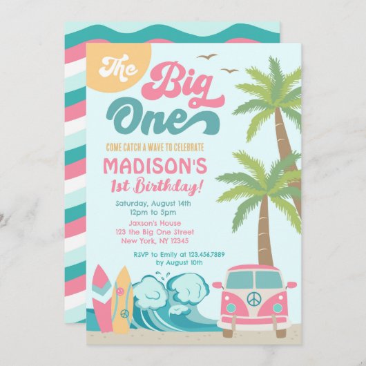 Big One surfe Surf 1er anniversaire Invitation (Devant / Derrière)