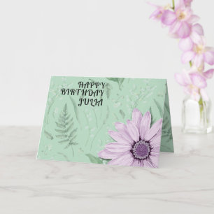 Big Pink Daisy Green Happy Birthday Custom Name Kaart