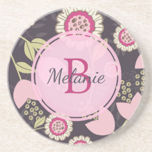 Big Pink Floral Tulip Pattern Monogram Zandsteen Onderzetter