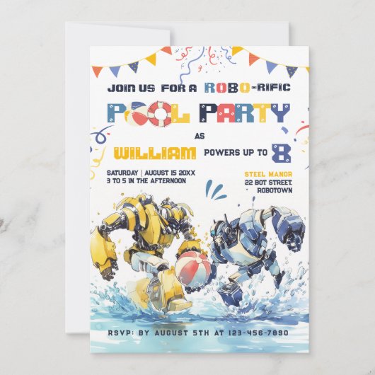 Big Robots Pool Party Invitation d'anniversaire (Devant)