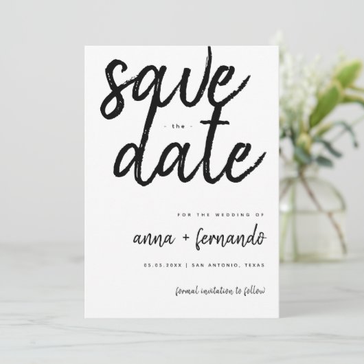 Big Script Zwart-wit bruiloft Save the Date Kaart (Staand voorkant)