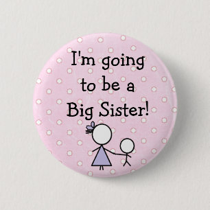 "Big Sister" Button, roze met witte poka stippen. Ronde Button 5,7 Cm