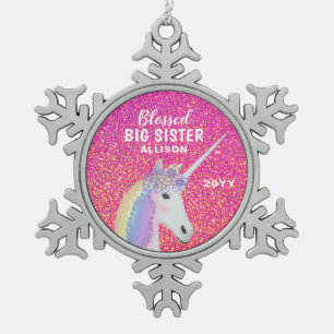 Big Sister Unicorn Pink Glitter Aangepaste Kindere Tin Sneeuwvlok Ornament