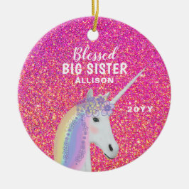 Big Sister Unicorn Pink Glitter Monogram zonder bl Keramisch Ornament