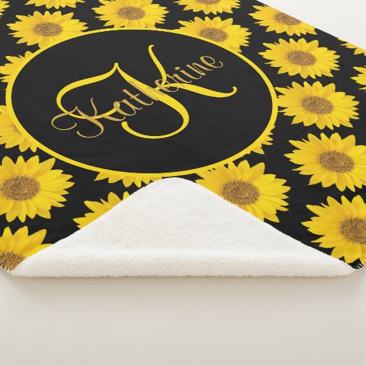 Big Sunflower Monogram Geel en Zwart Sherpa Deken (3/4)