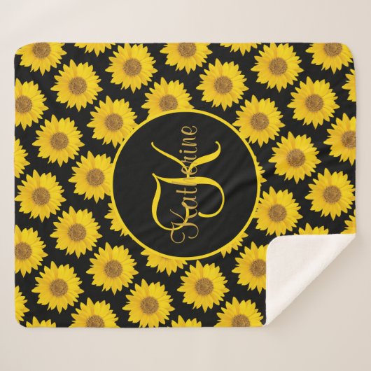 Big Sunflower Monogram Geel en Zwart Sherpa Deken (Voorkant (horizontaal))