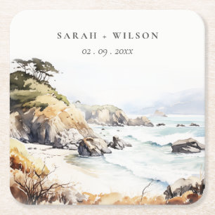 Big Sur, Californië Aquarel Landschap Bruiloft Vierkante Kartonnen Onderzetter