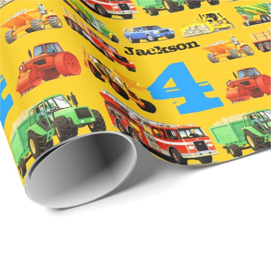 Big Trucks 4th Birthday Party Cadeaupapier (Rol Hoek)
