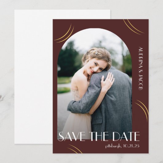 Big Typography Burgundy Photo Wedding Save The Date (Voorkant / Achterkant)