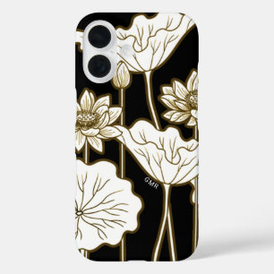 Big White Flowers op Black met Khaki Trim iPhone 16 Hoesje