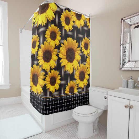 Big Yellow Sunflower Industrial Grid Weave Pattern Douchegordijn (In situ)