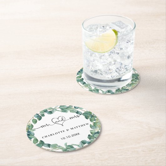 Bigende eucalyptus white de heer mrs hartscript ronde kartonnen onderzetter (Insitu)