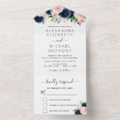 Bigende marineblauw Blush roze Floral All In One Uitnodiging (Binnen)