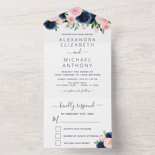 Bigende marineblauw Blush roze Floral All In One Uitnodiging (Binnen)