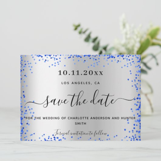 Bigende zilverroyal blauwe elegant save the date (Staand voorkant)