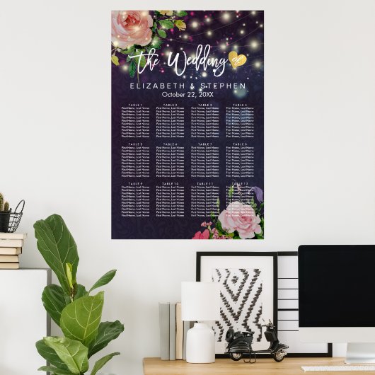 Bigende zitplaatskaart Floral Paarse String Lights Poster (Thuiskantoor)