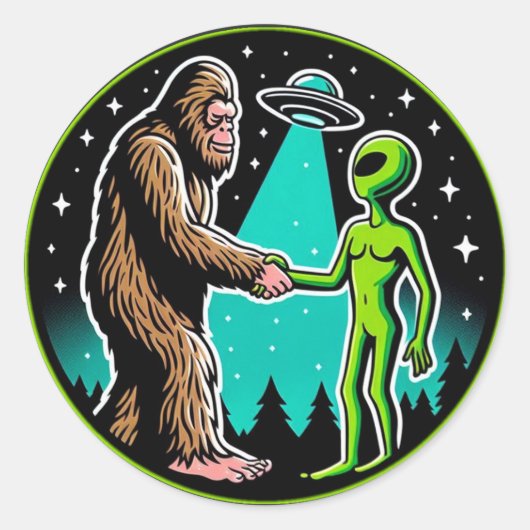 Bigfoot Alien Alliance - Grappige Scifi Cryptid Ronde Sticker (Voorkant)